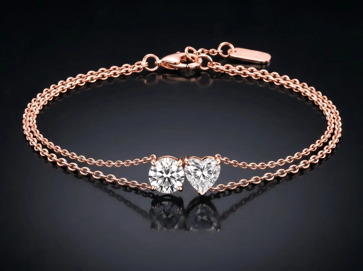 Diamond Bracelet - Two Diamonds - Round & Heart, Rose Gold