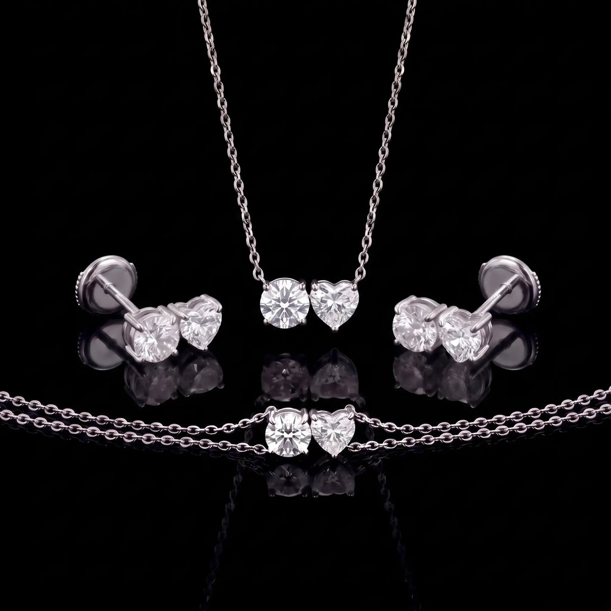 Diamond Set - Two Diamonds - Round & Heart, White Gold