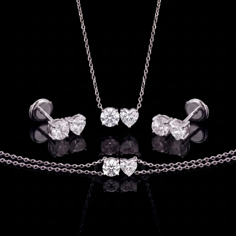 Diamond Set - Two Diamonds - Round & Heart, White Gold