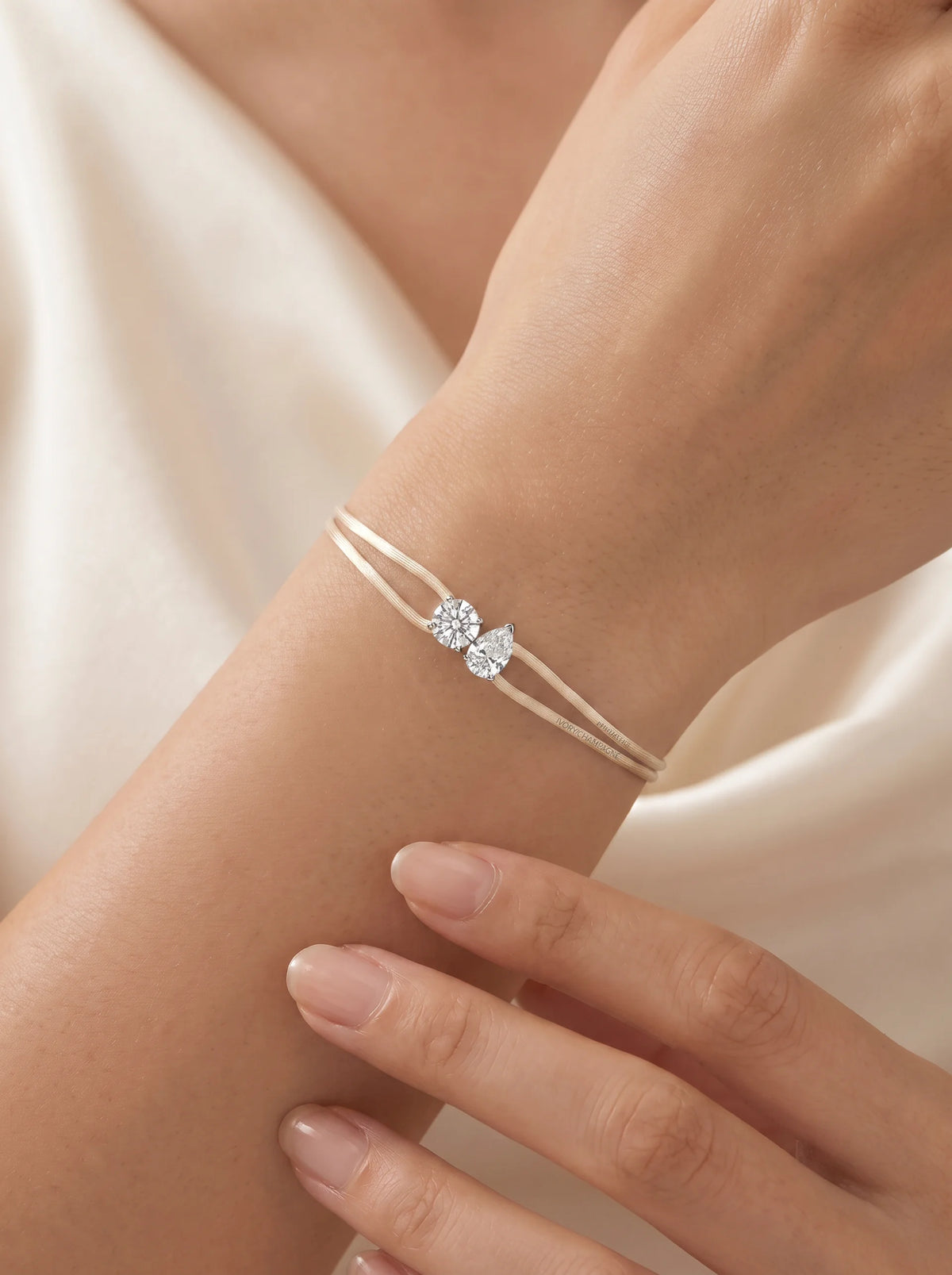 Diamond Satin Bracelet - Two Diamonds - Round & Pear, Ivory