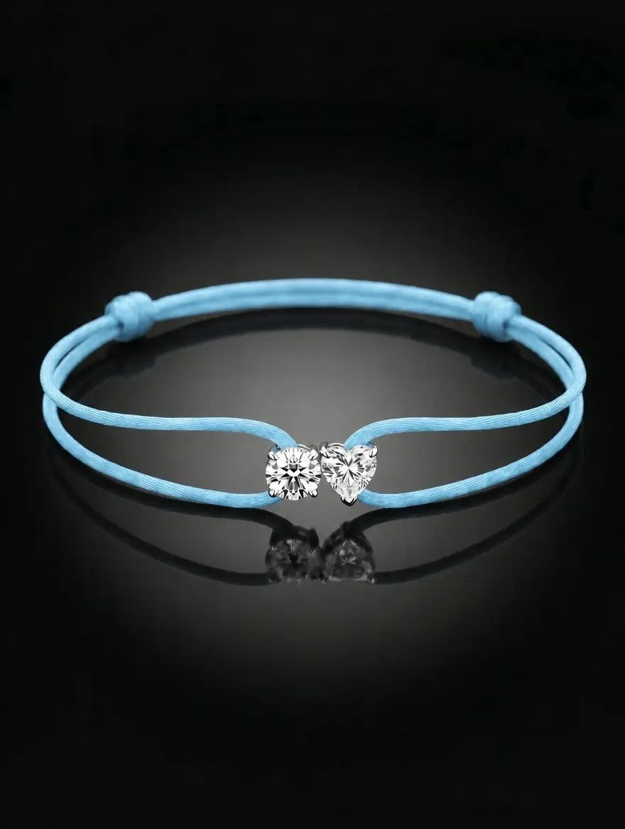 Diamond Satin Bracelet - Two Diamonds - Round & Heart, Blue