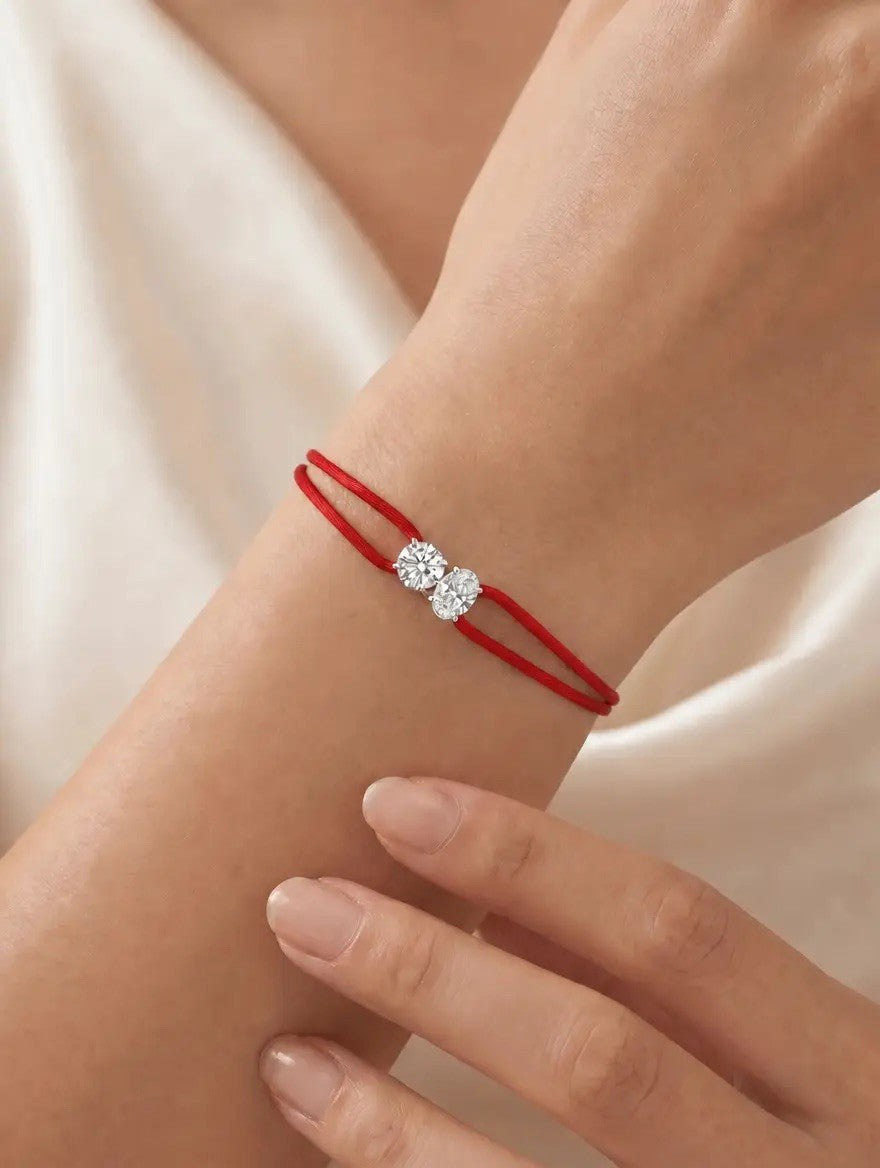 Diamond Satin Bracelet - Two Diamonds - Round & Oval, Red
