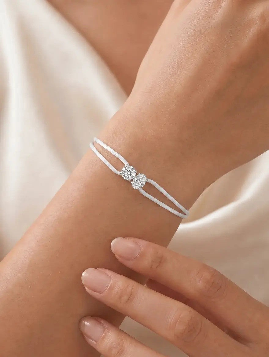 Diamond Satin Bracelet - Two Diamonds - Round & Oval, White
