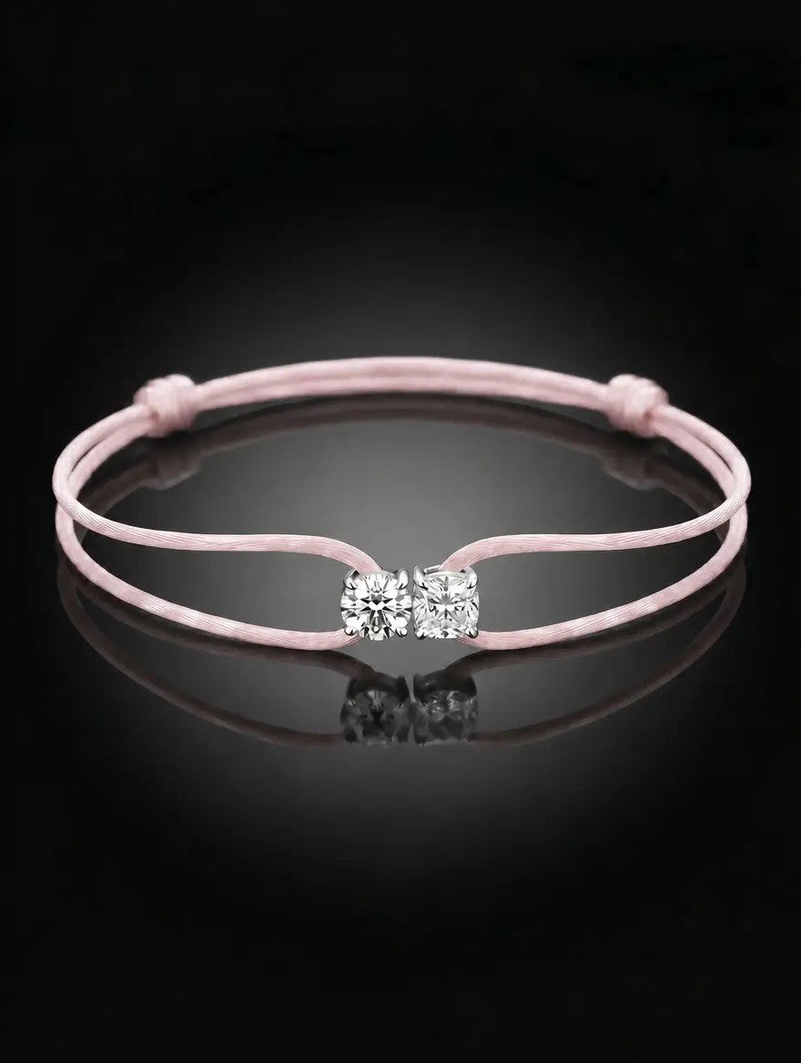 Diamond Satin Bracelet - Two Diamonds - Round & Cushion, Pink