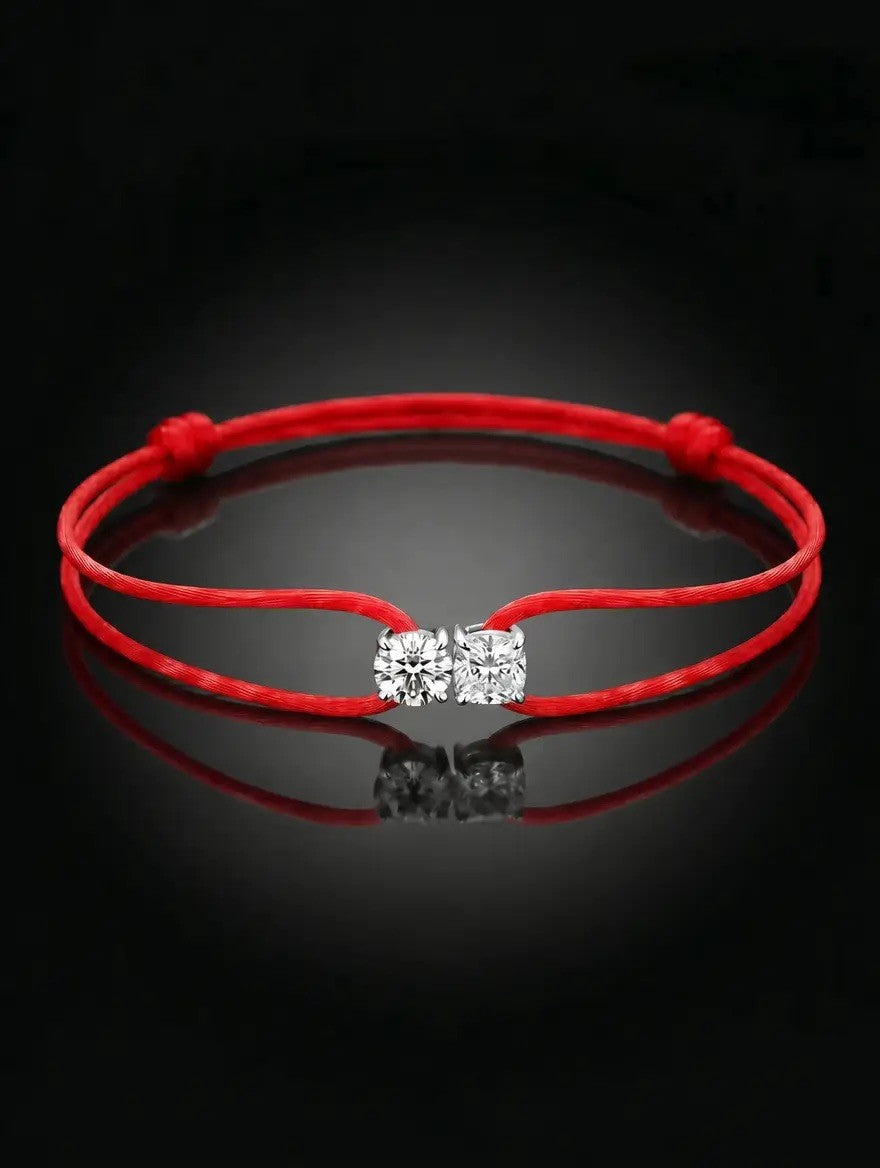 Diamond Satin Bracelet - Two Diamonds - Round & Cushion, Red