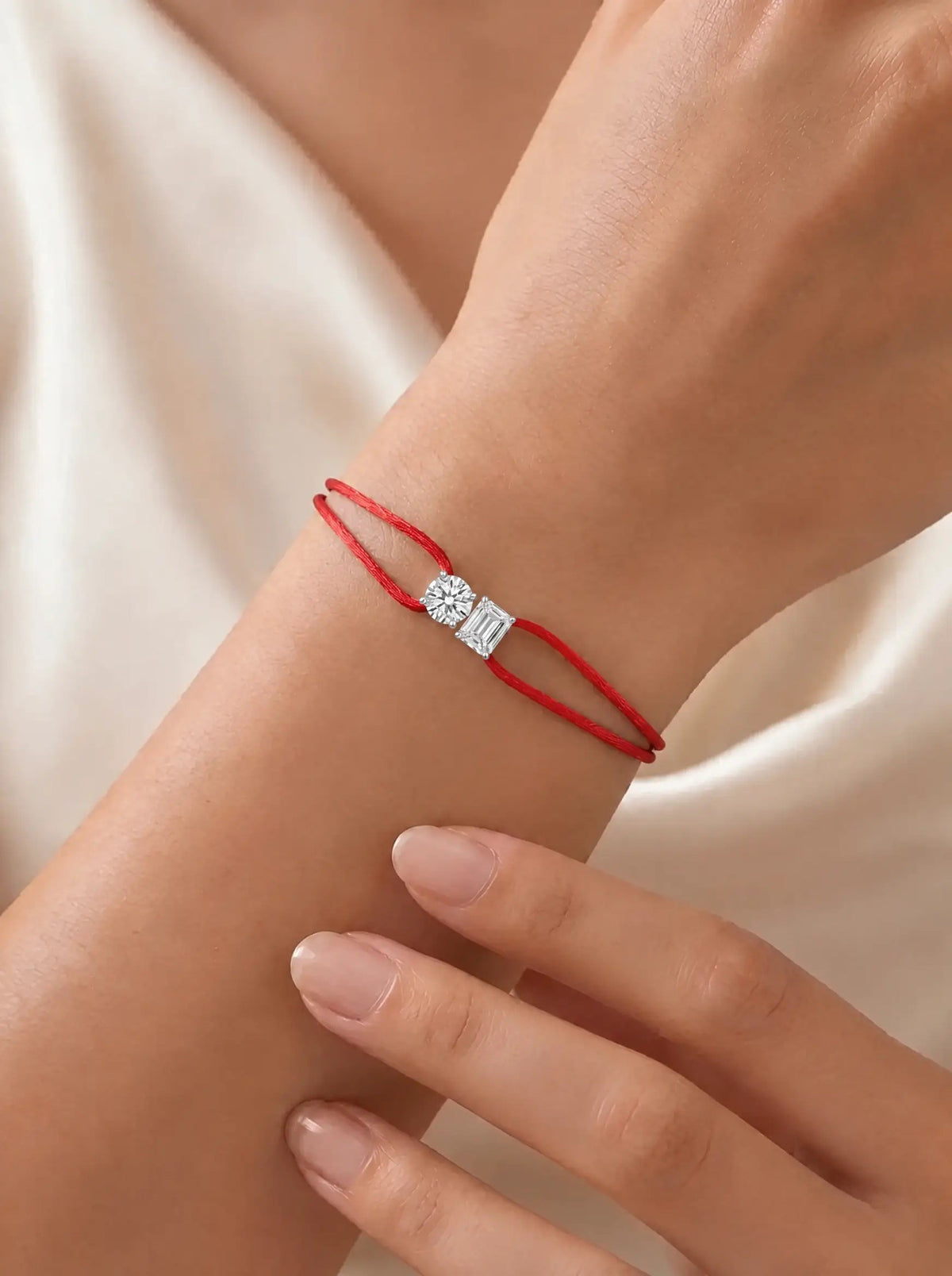 Diamond Satin Bracelet - Two Diamonds - Round & Emerald, Red