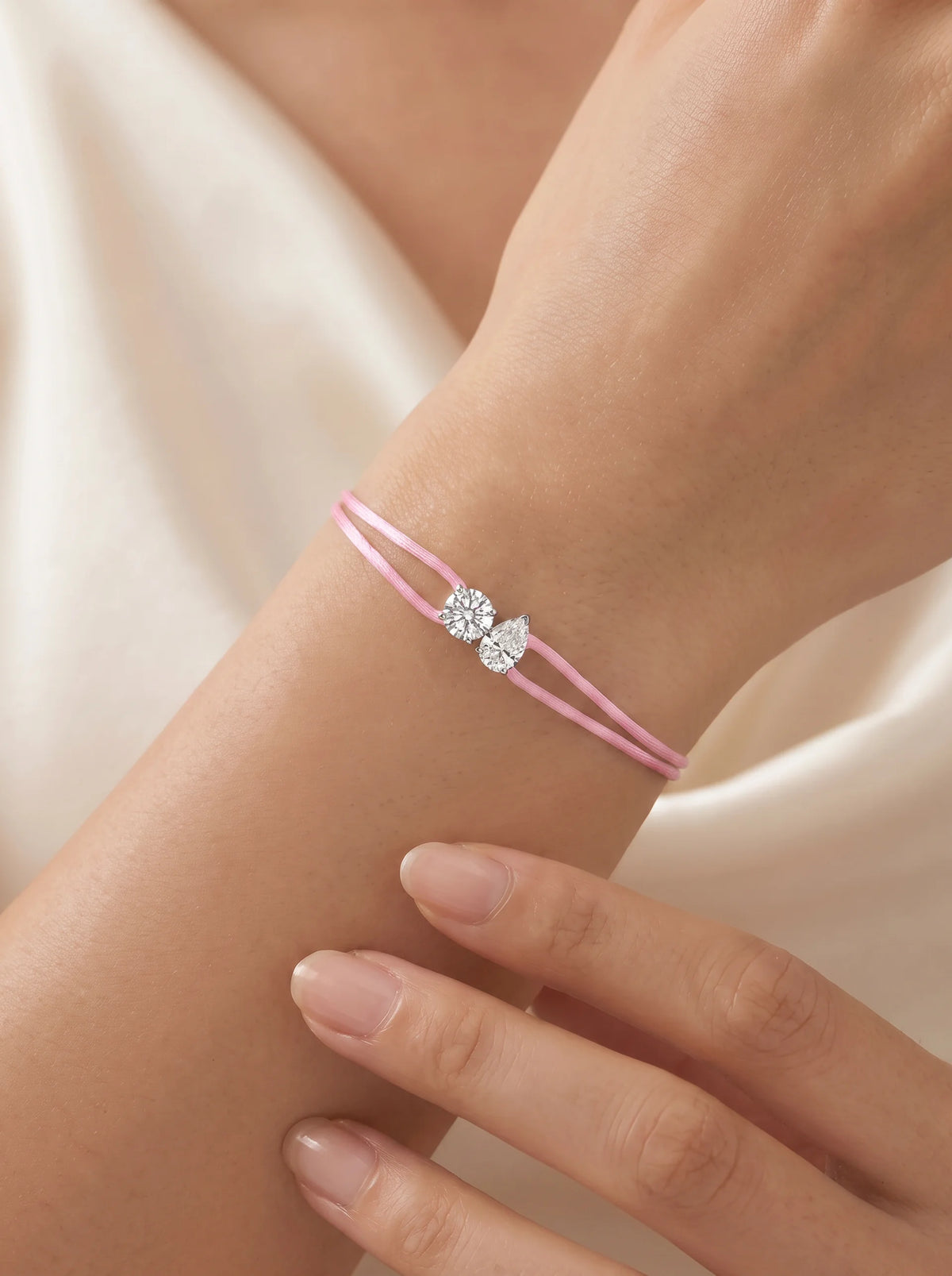 Diamond Satin Bracelet - Two Diamonds - Round & Pear, Pink