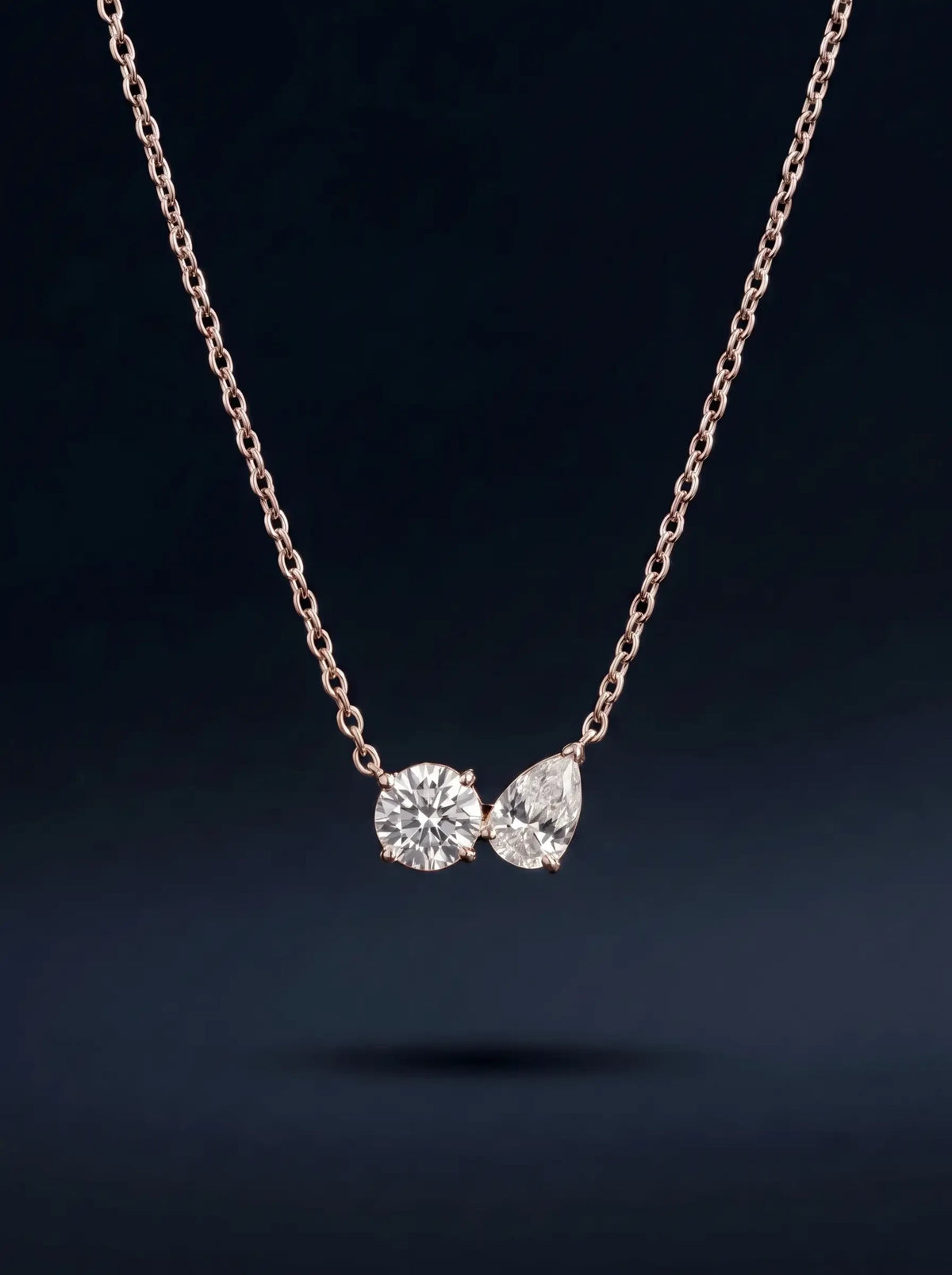 Diamond Necklace - Two Diamonds - Round & Pear, Rose Gold