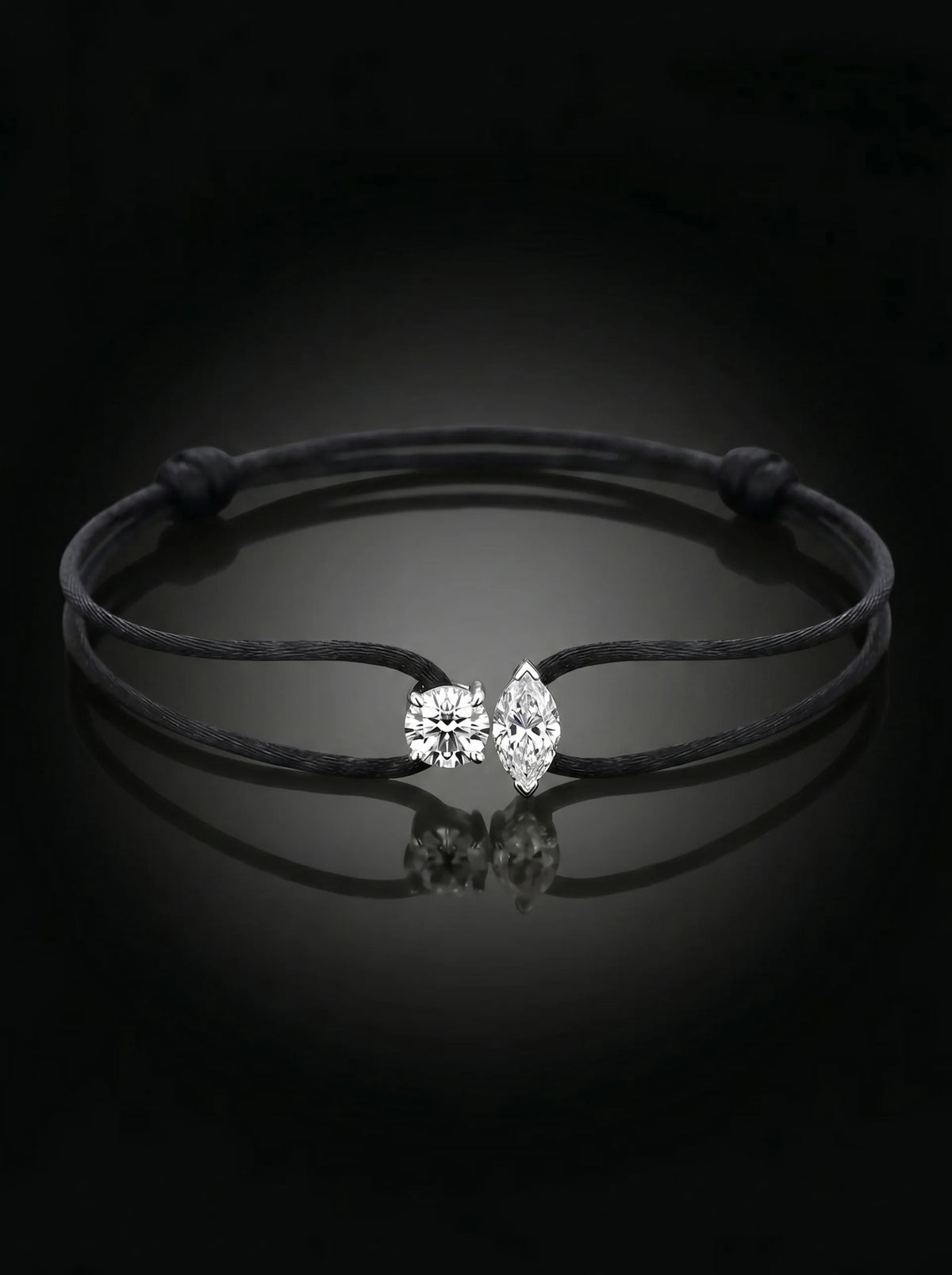 Diamond Satin Bracelet - Two Diamonds - Round & Marquise, Black