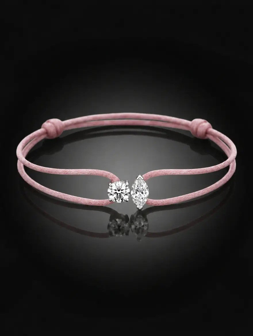 Diamond Satin Bracelet - Two Diamonds - Round & Marquise, Pink
