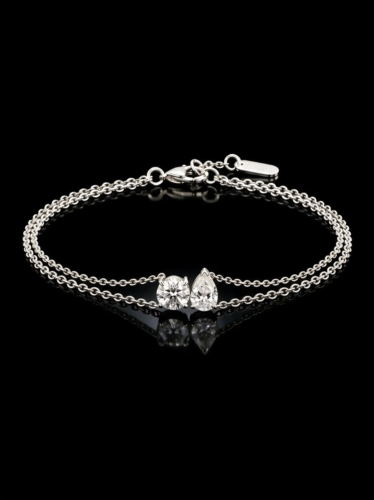 Diamond Bracelet - Two Diamonds - Round & Pear, White Gold
