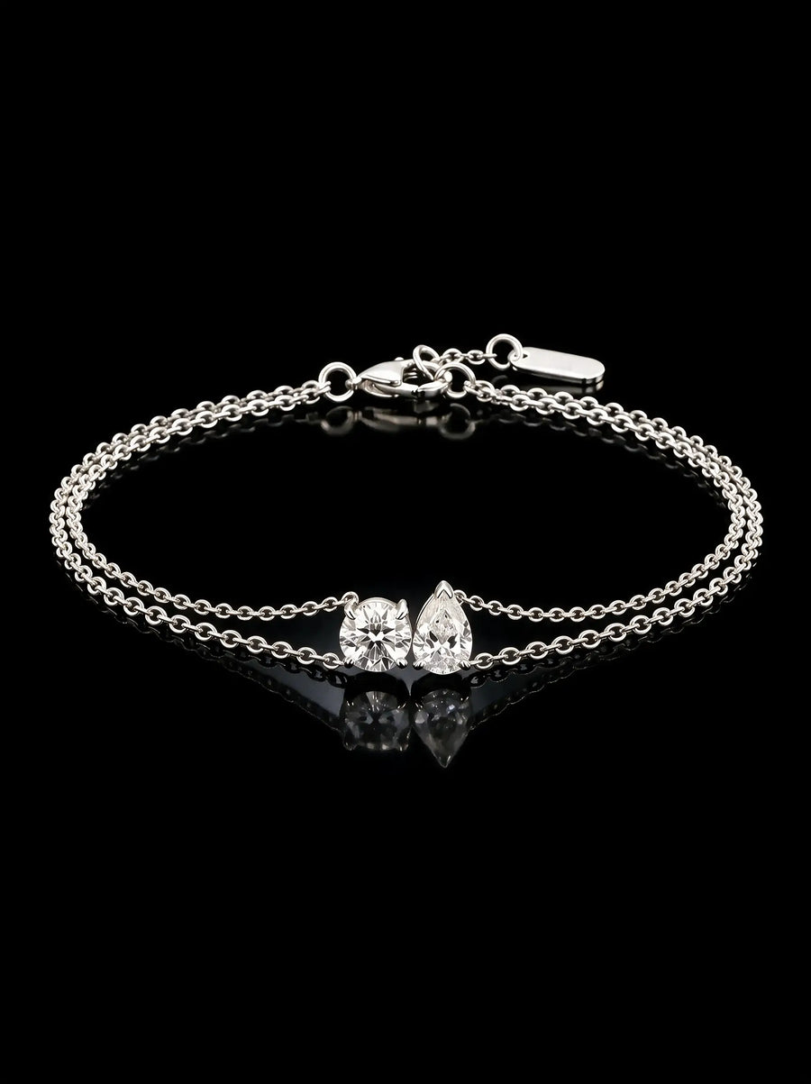 Diamond Bracelet - Two Diamonds - Round & Pear, White Gold