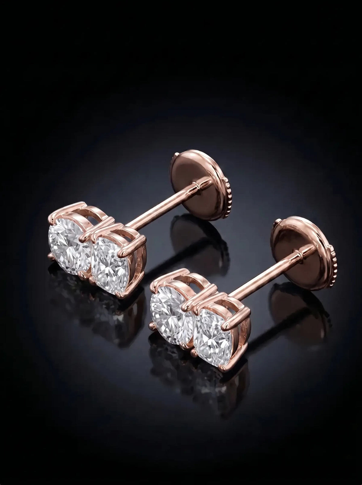 Diamond Studs - Two Diamonds - Round & Cushion, Rose Gold