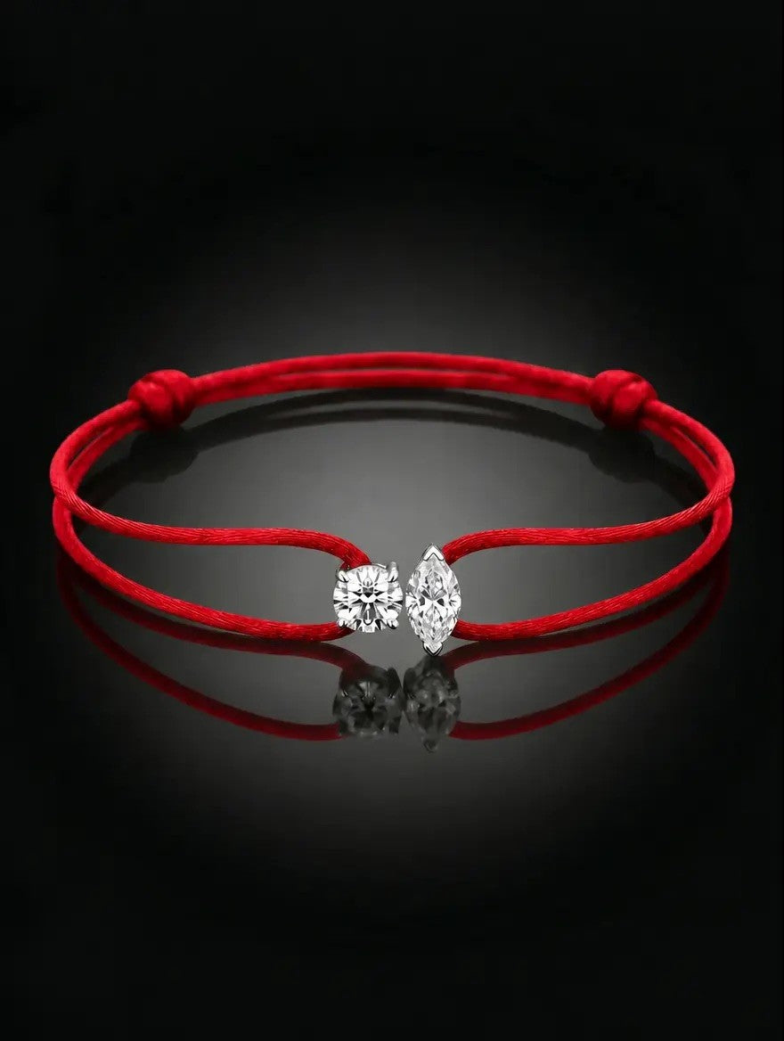 Diamond Satin Bracelet - Two Diamonds - Round & Marquise, Red