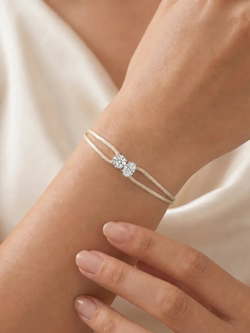 Diamond Satin Bracelet - Two Diamonds - Round & Oval, Ivory