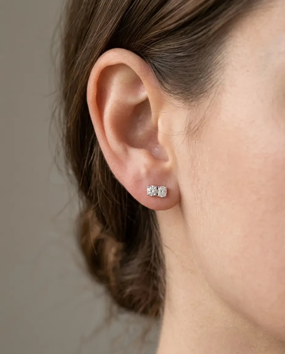 Diamond Studs - Two Diamonds - Round & Cushion - 4