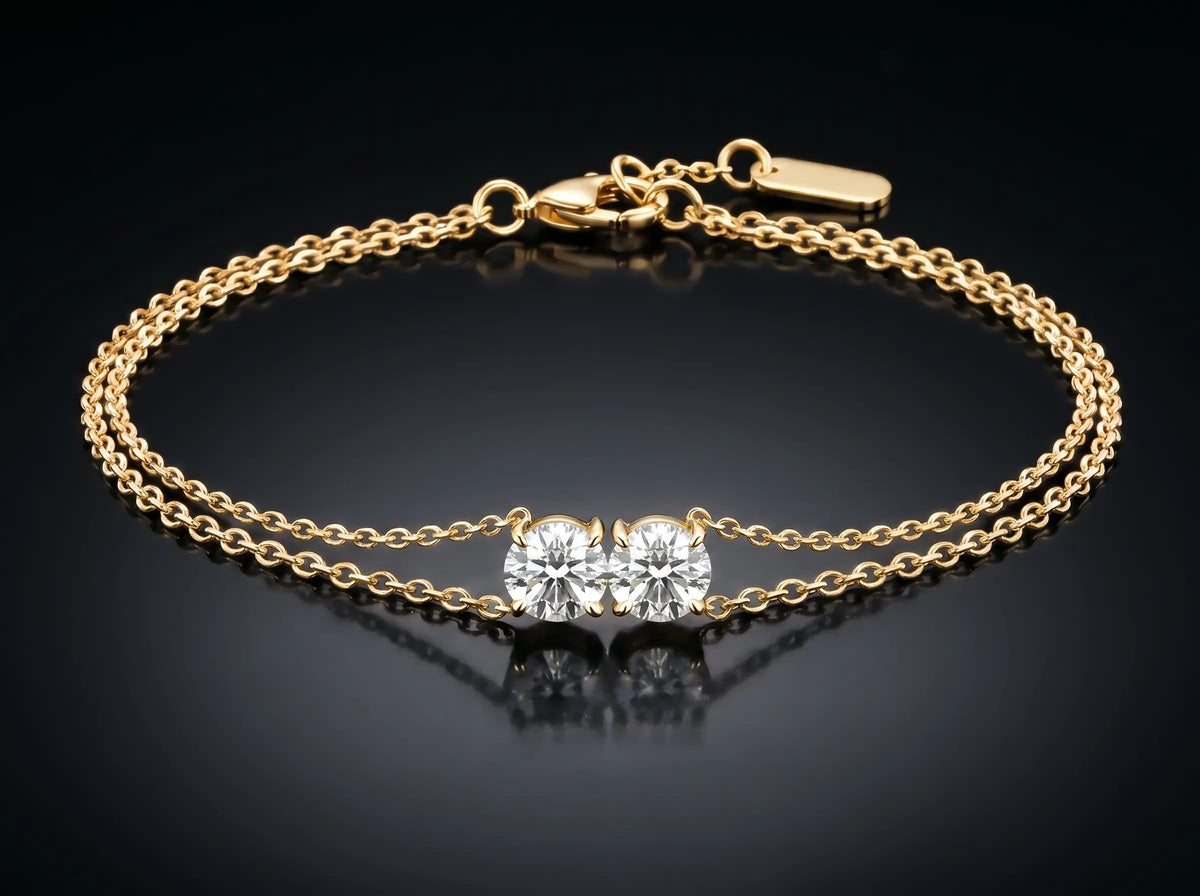 Diamond Bracelet - Two Diamonds - Round & Round, Yellow Gold