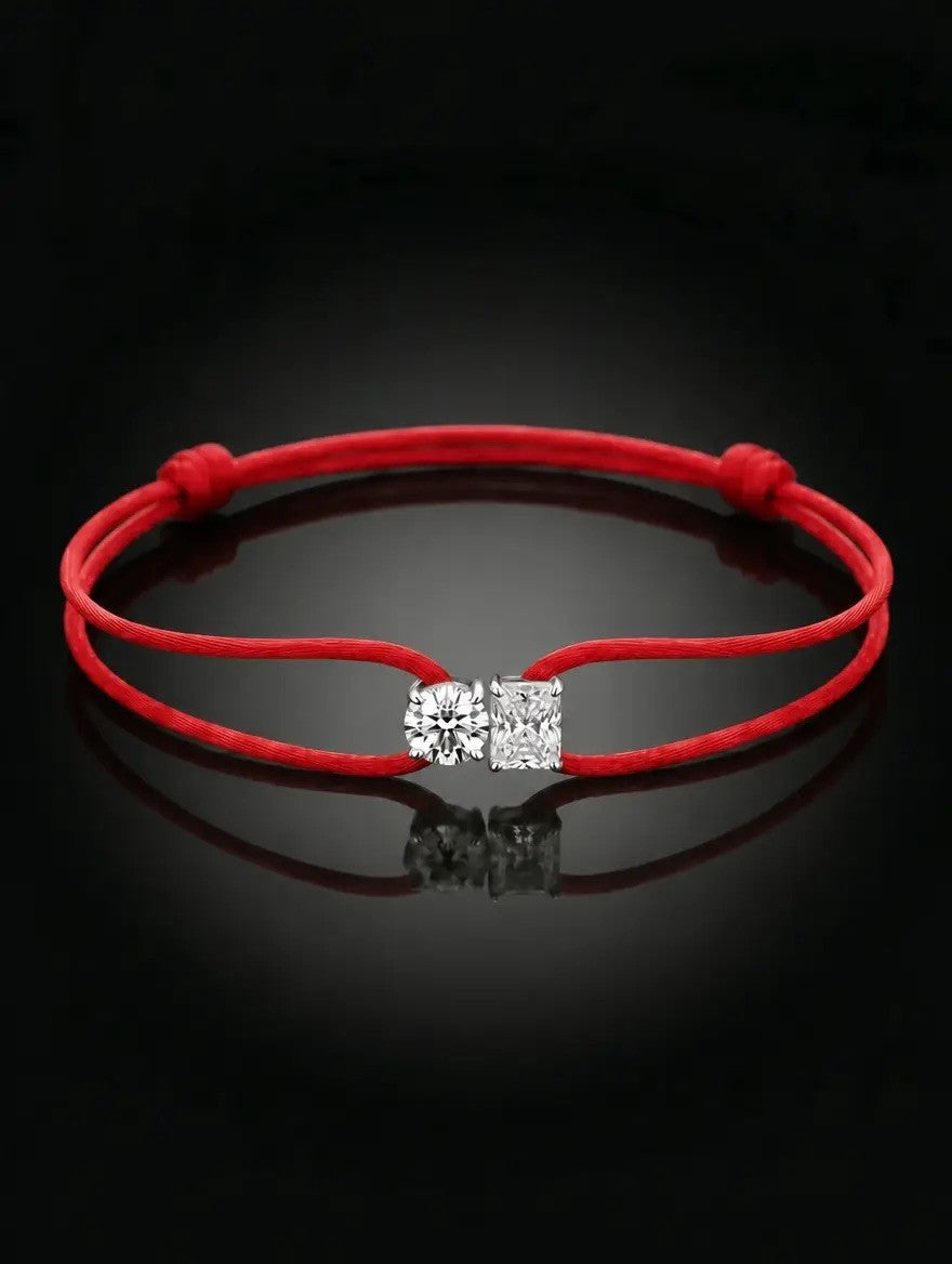 Diamond Satin Bracelet - Two Diamonds - Round & Radiant, Red