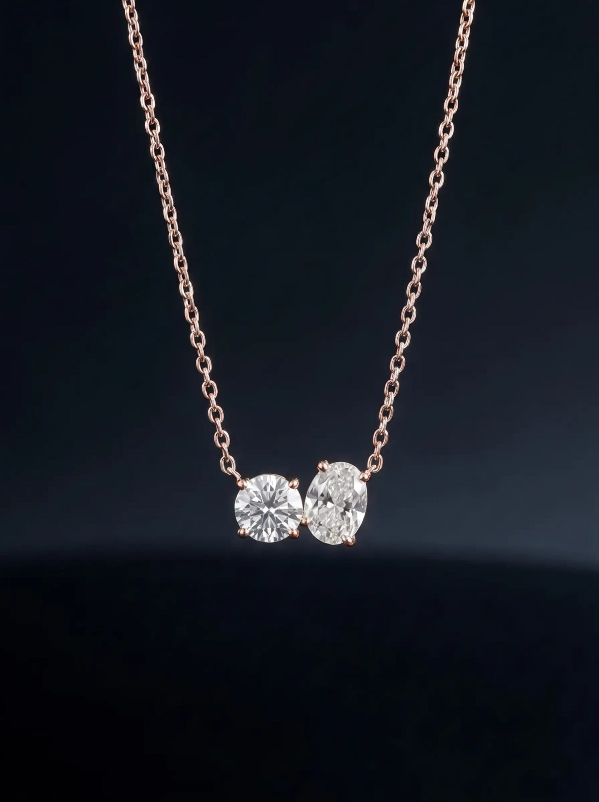 Diamond Necklace - Two Diamonds - Round & Oval, Rose Gold