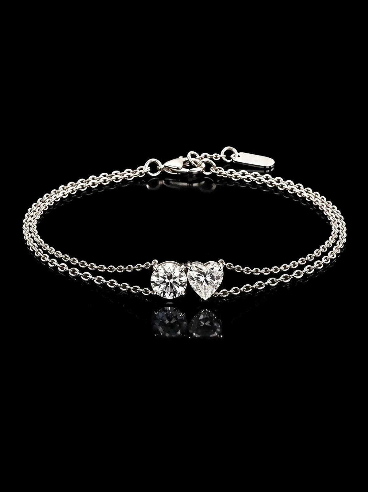 Diamond Bracelet - Two Diamonds - Round & Heart, White Gold