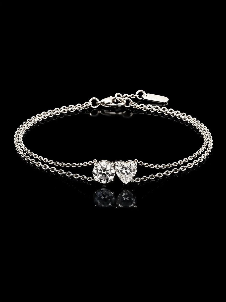 Diamond Bracelet - Two Diamonds - Round & Heart, White Gold