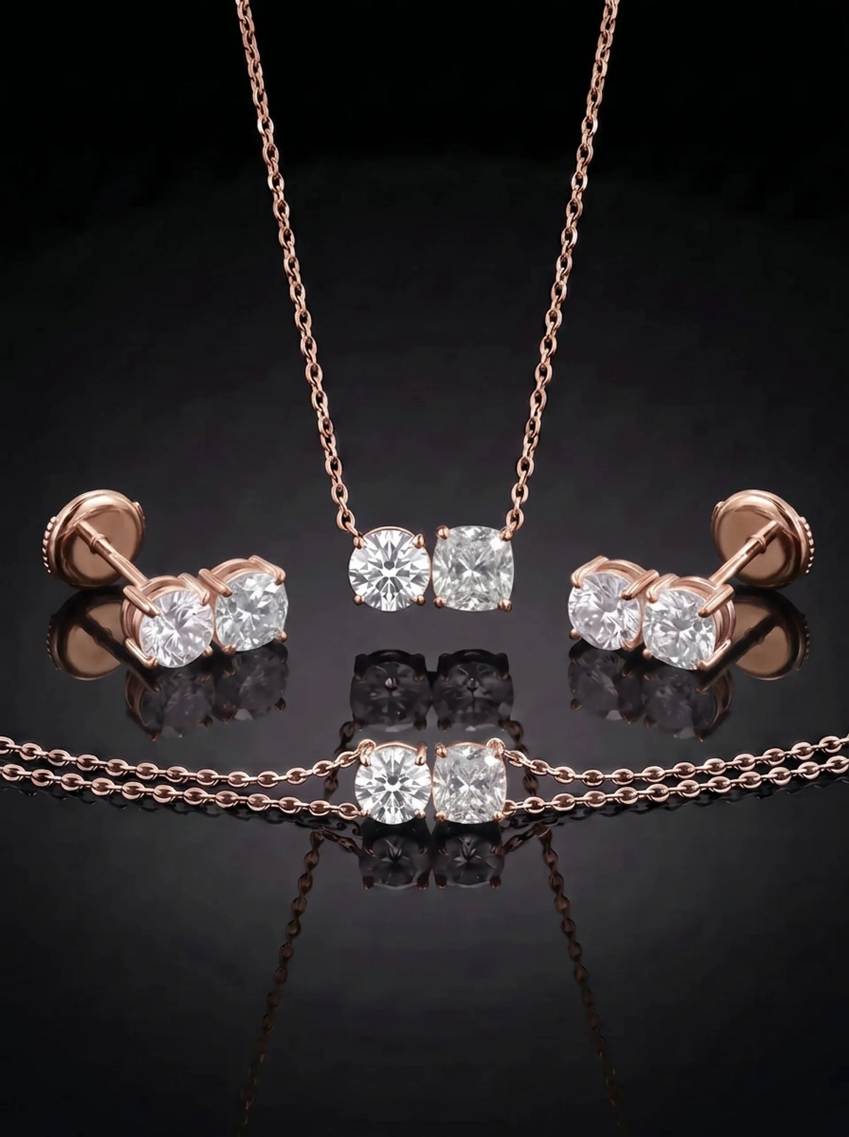 Diamond Set - Two Diamonds - Round & Cushion, Rose Gold
