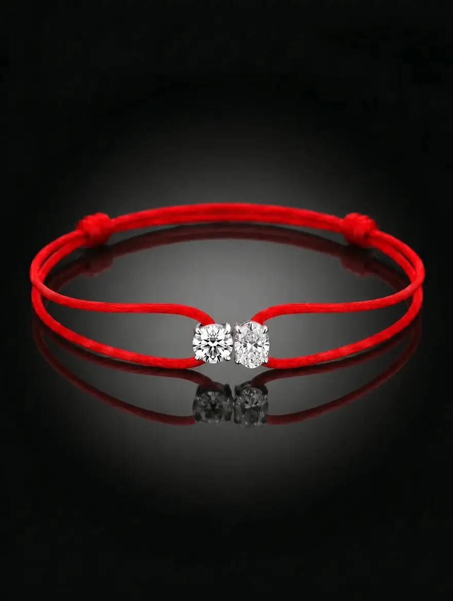 Diamond Satin Bracelet - Two Diamonds - Round & Oval, Red