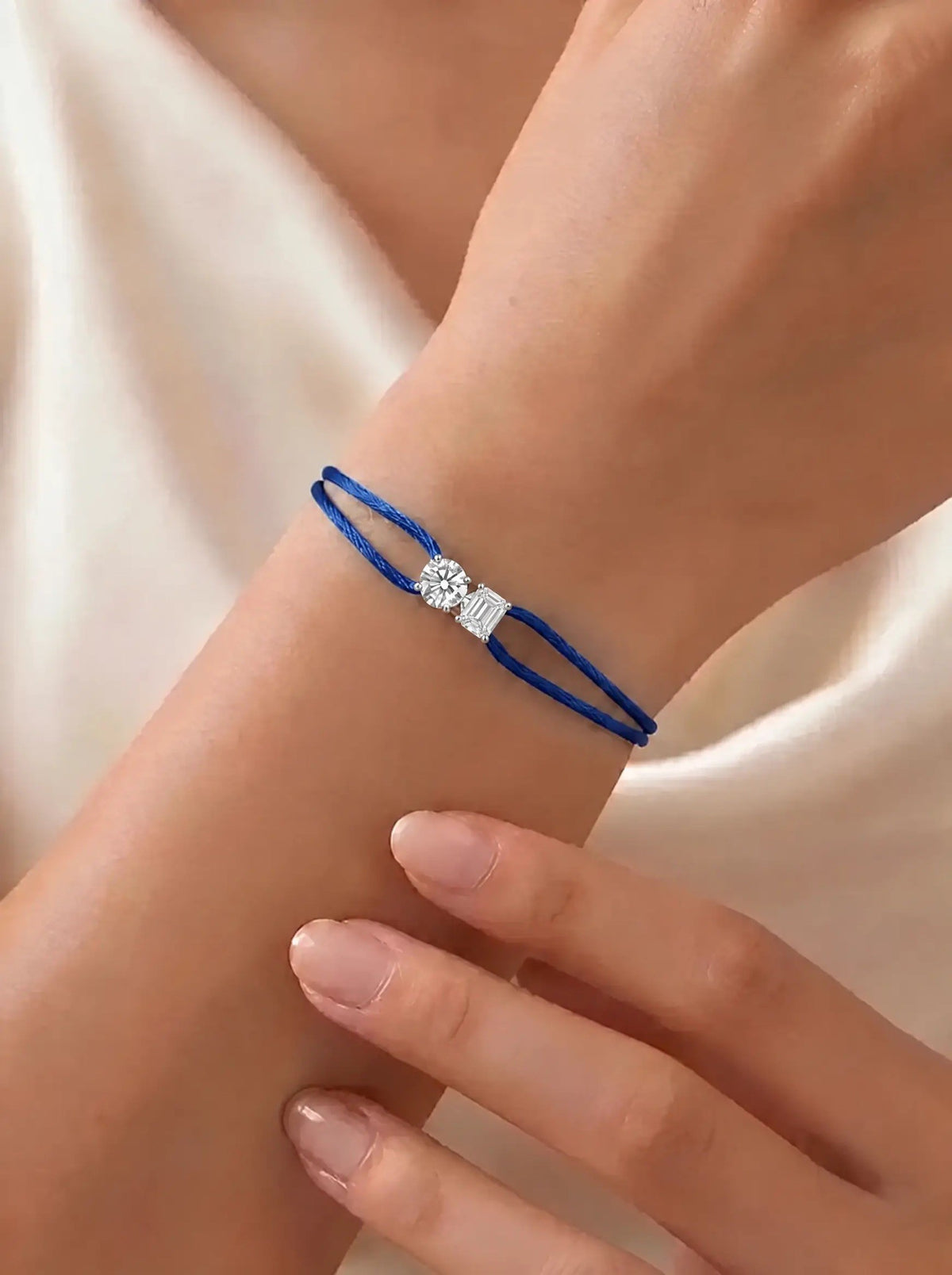 Diamond Satin Bracelet - Two Diamonds - Round & Emerald, Dark Blue