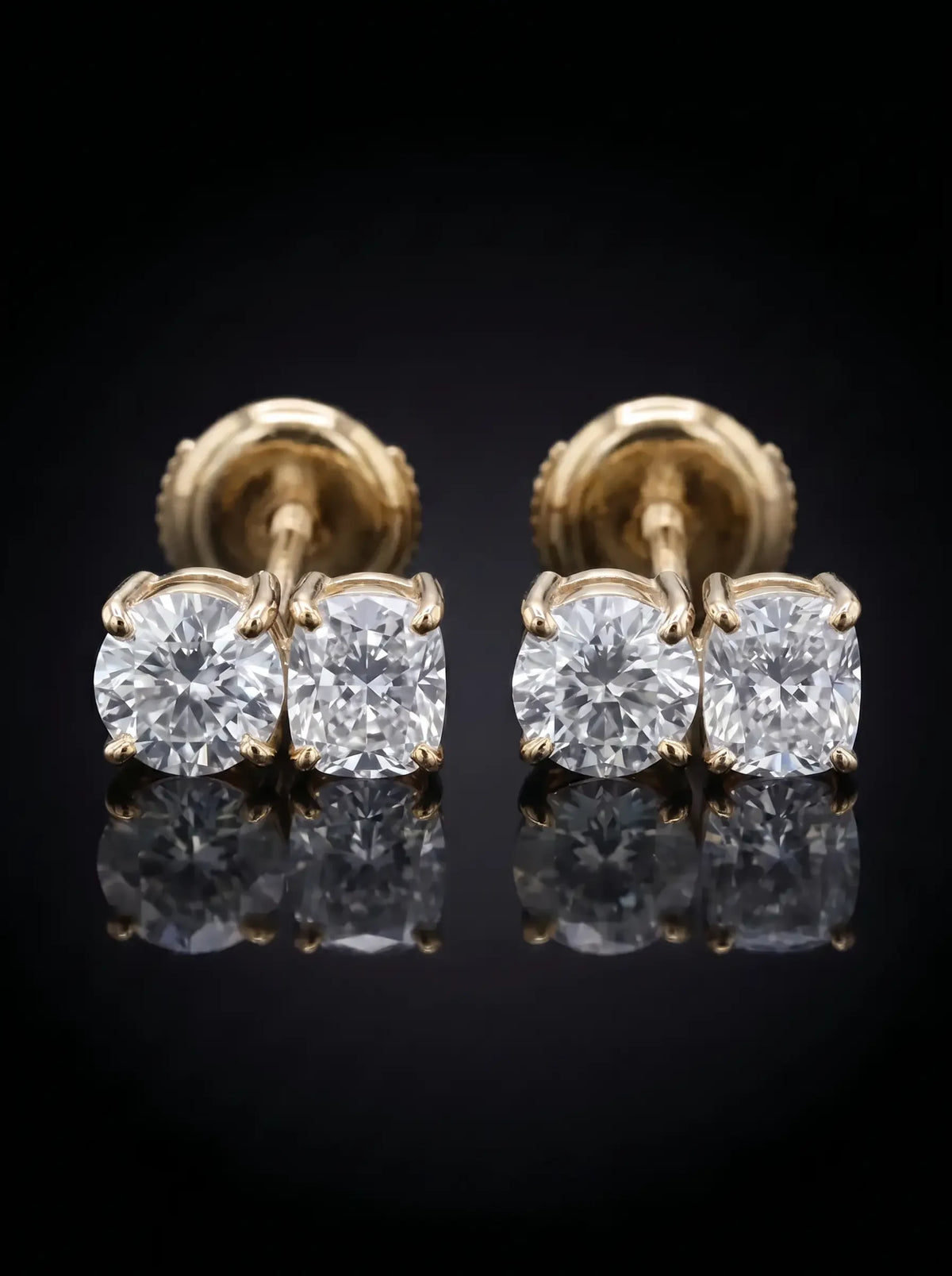 Diamond Studs - Two Diamonds - Round & Cushion, Yellow Gold