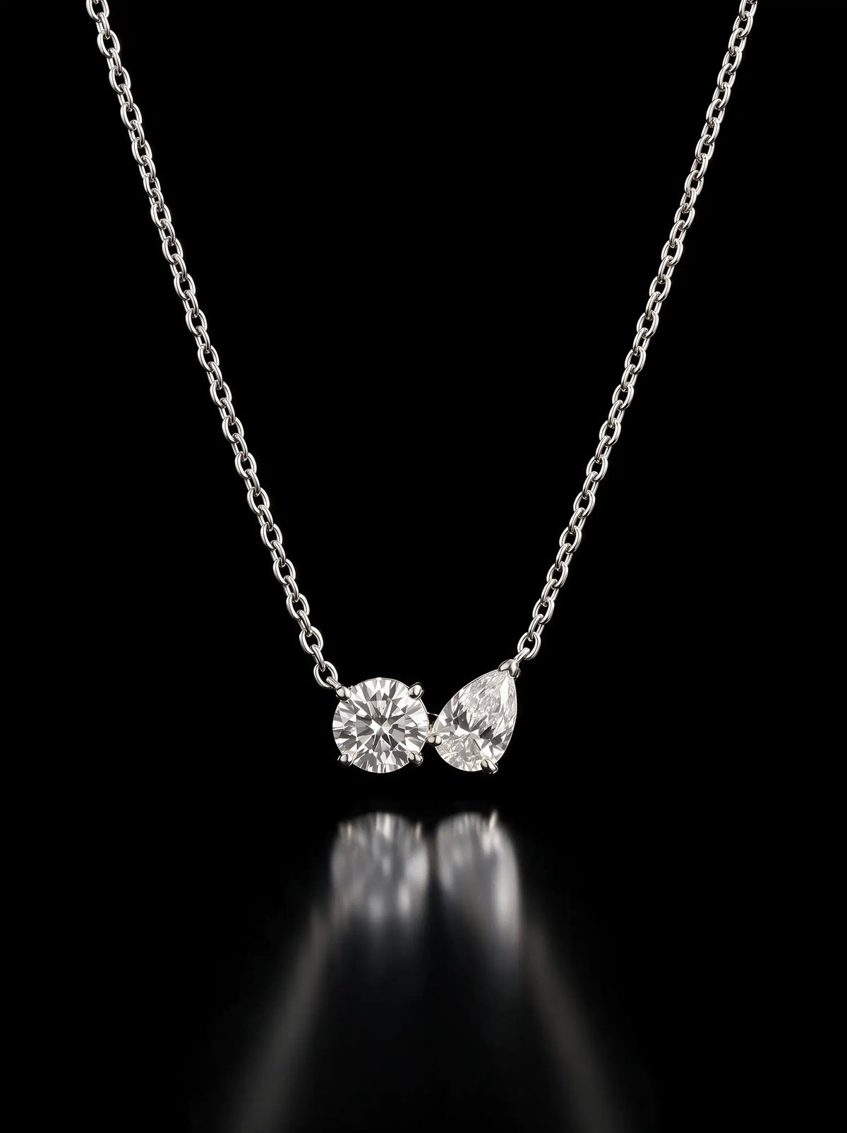 Diamond Necklace - Two Diamonds - Round & Pear, White Gold