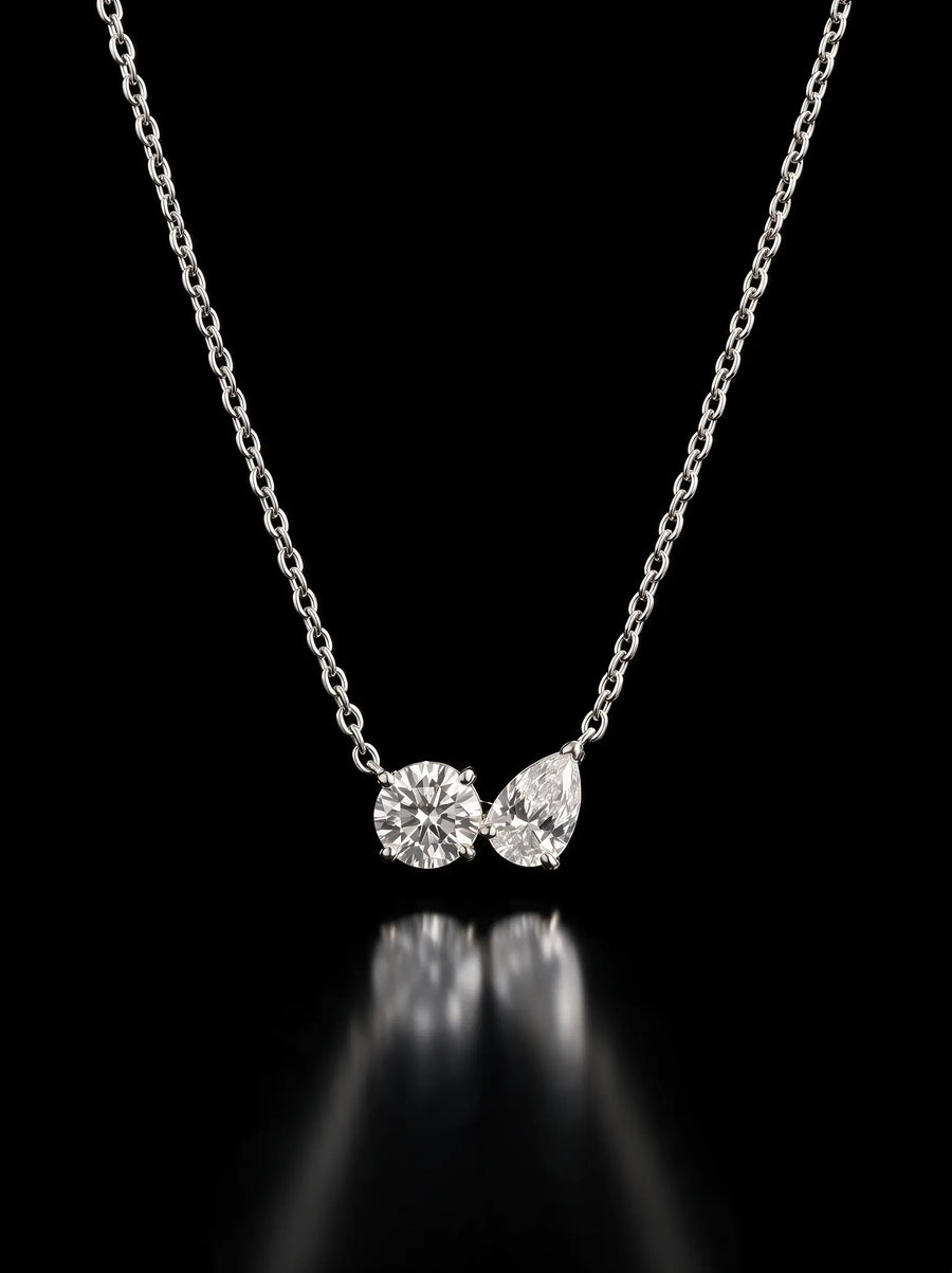 Diamond Necklace - Two Diamonds - Round & Pear, White Gold