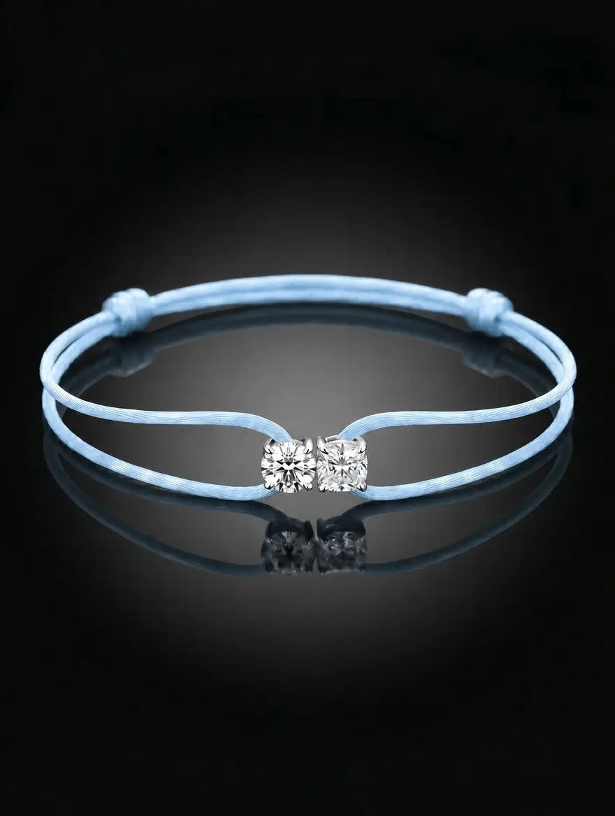 Diamond Satin Bracelet - Two Diamonds - Round & Cushion, Blue