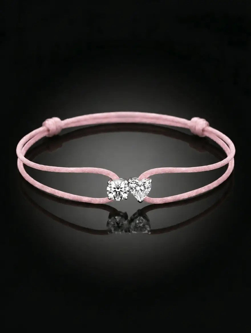 Diamond Satin Bracelet - Two Diamonds - Round & Heart, Pink