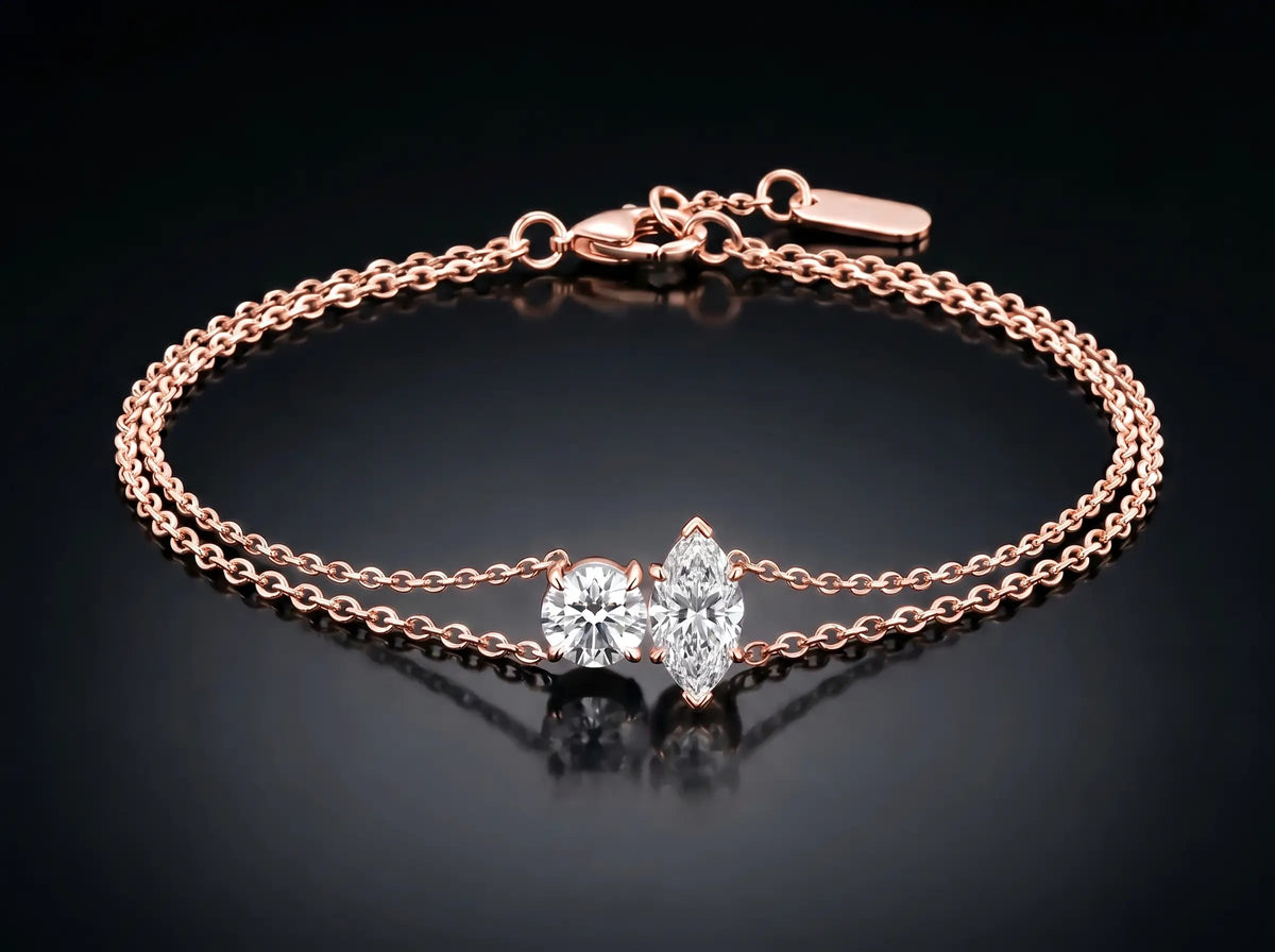 Diamond Bracelet - Two Diamonds - Round & Marquise, Rose Gold