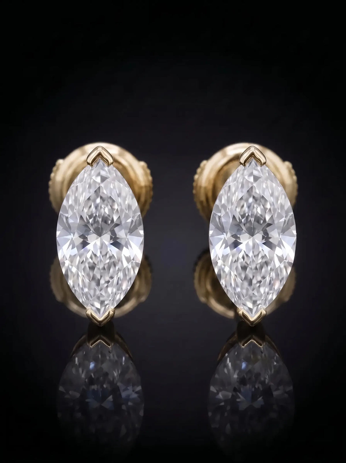 Diamond Studs - Marquise - One Carat, Yellow Gold