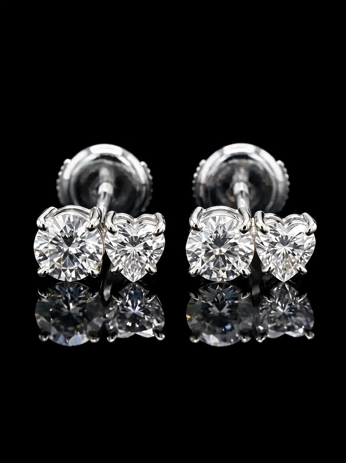 Diamond Studs - Two Diamonds - Round & Heart, White Gold