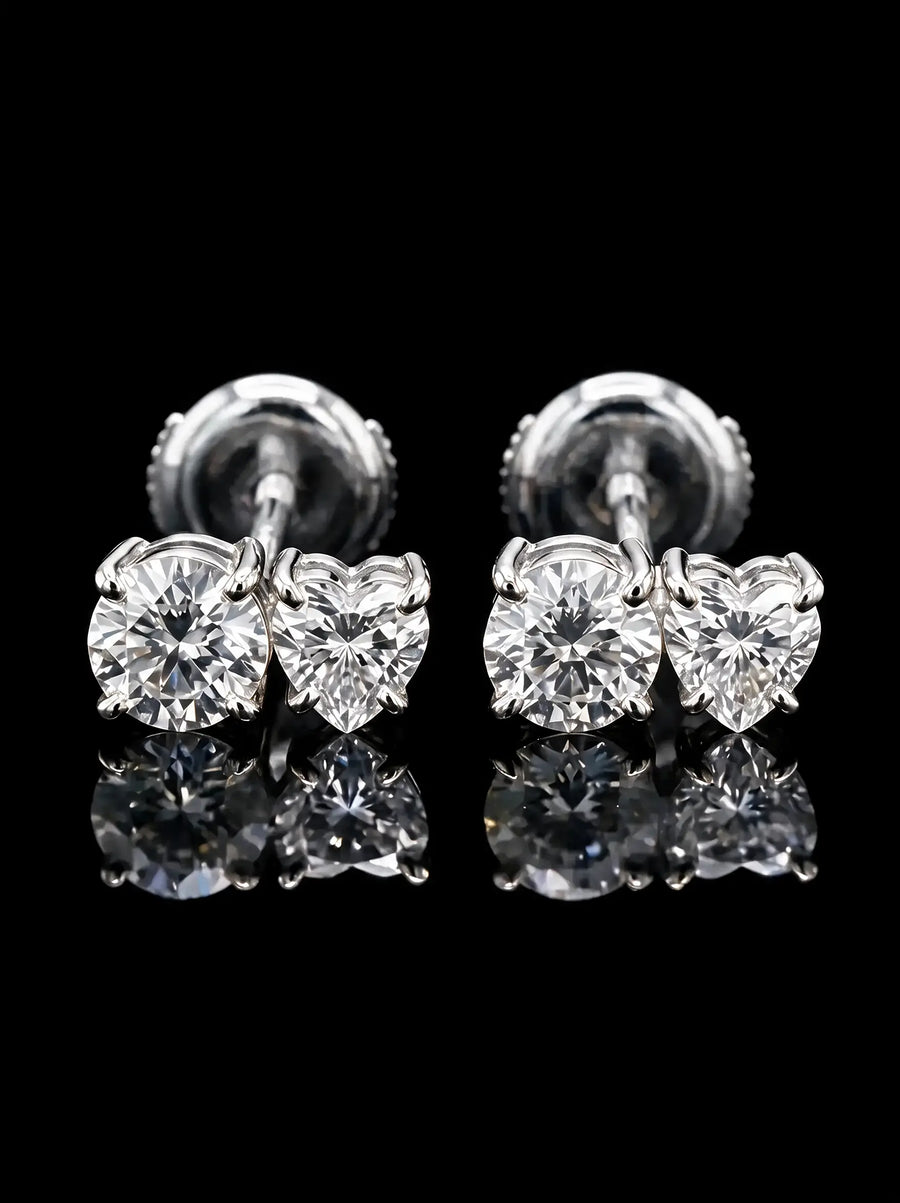 Diamond Studs - Two Diamonds - Round & Heart, White Gold