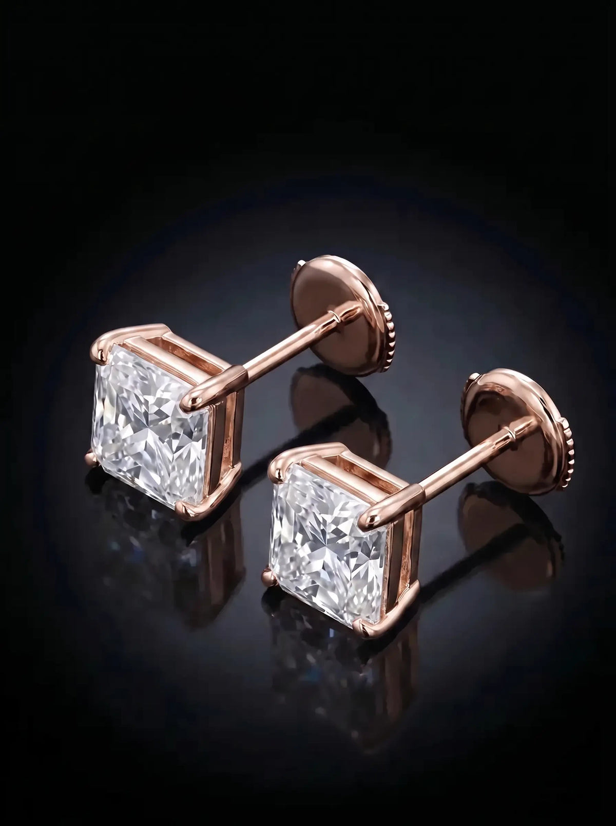 Diamond Studs - Radiant - One Carat, Rose Gold