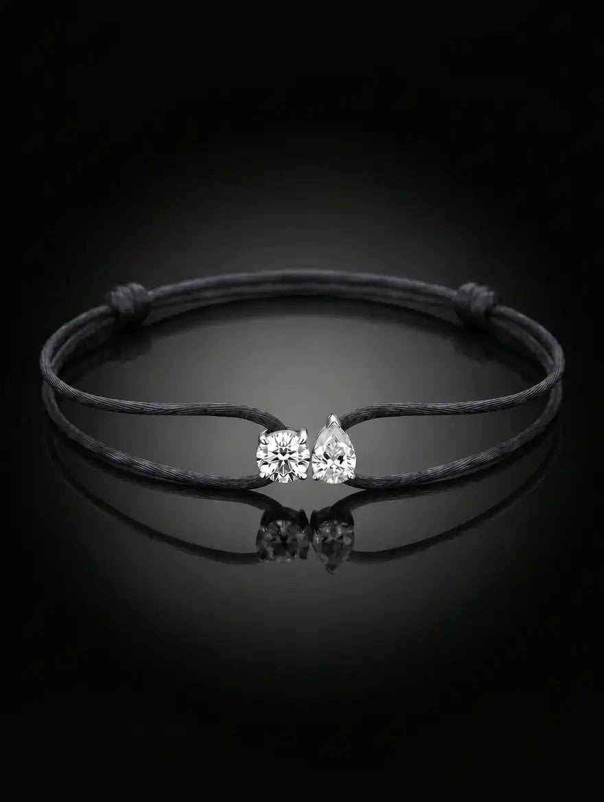 Diamond Satin Bracelet - Two Diamonds - Round & Pear, Black