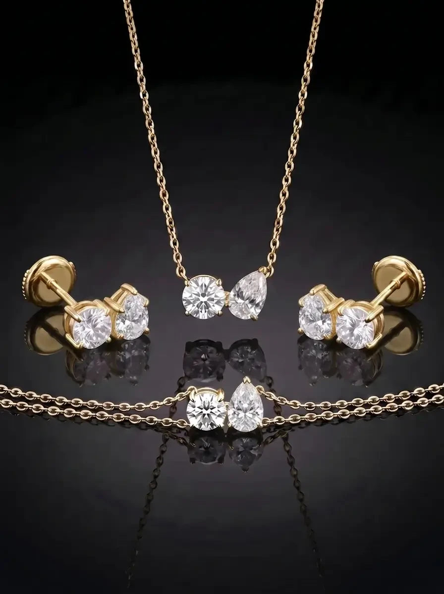 Diamond Set - Two Diamonds - Round & Pear, Yellow Gold