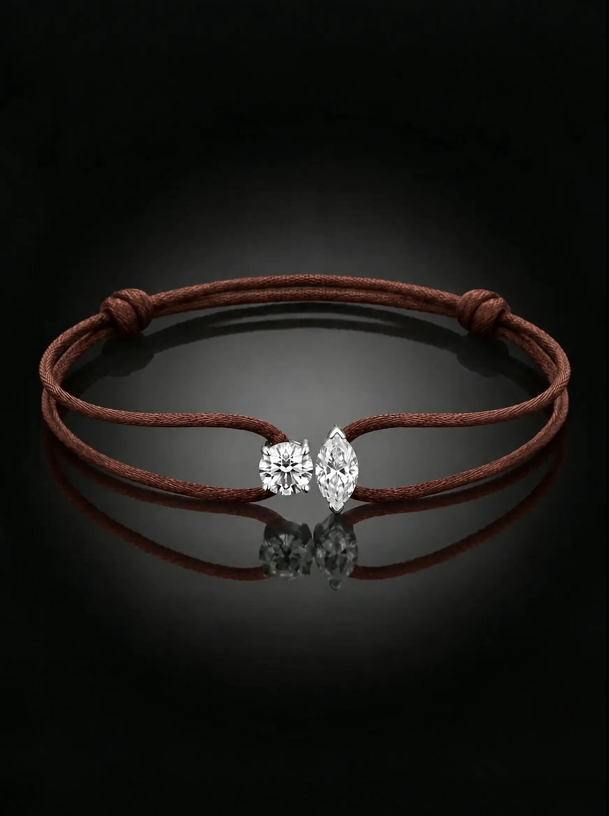 Diamond Satin Bracelet - Two Diamonds - Round & Marquise, Brown
