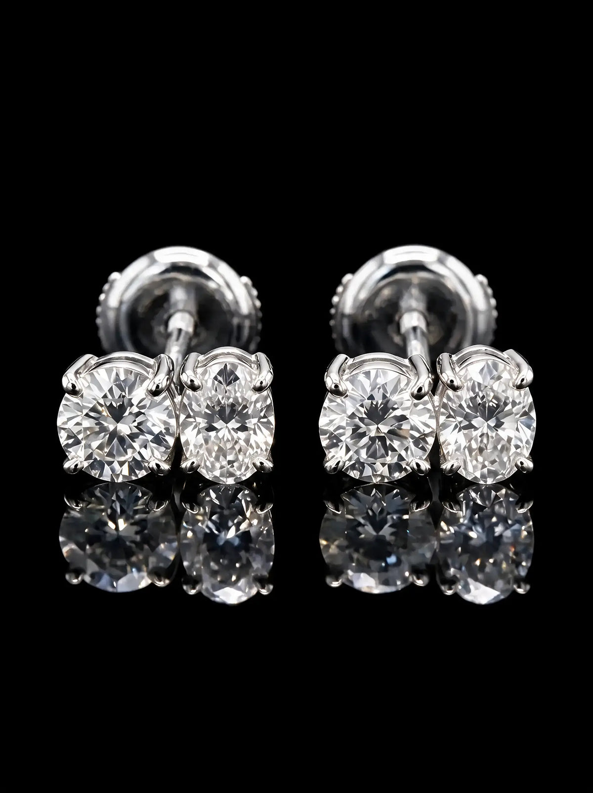 Diamond Studs - Two Diamonds - Round & Oval, White Gold