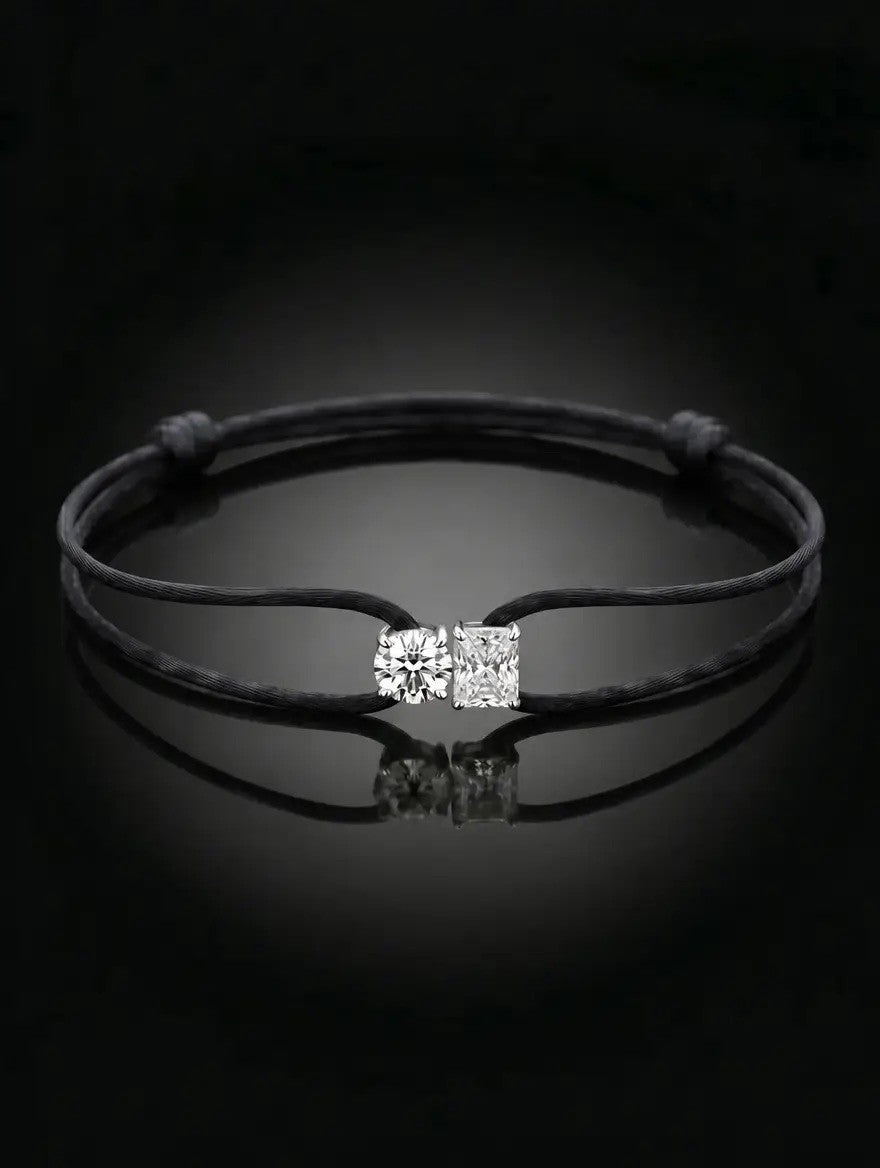 Diamond Satin Bracelet - Two Diamonds - Round & Radiant, Black