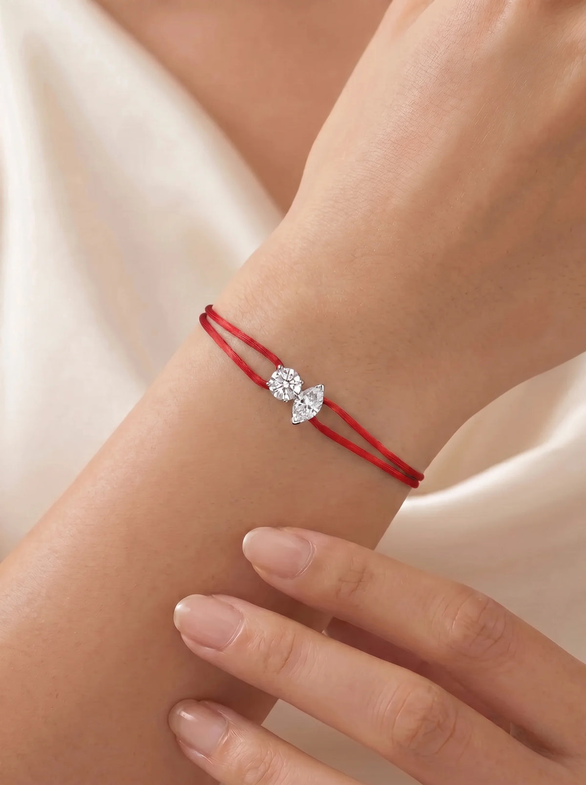 Diamond Satin Bracelet - Two Diamonds - Round & Marquise, Red