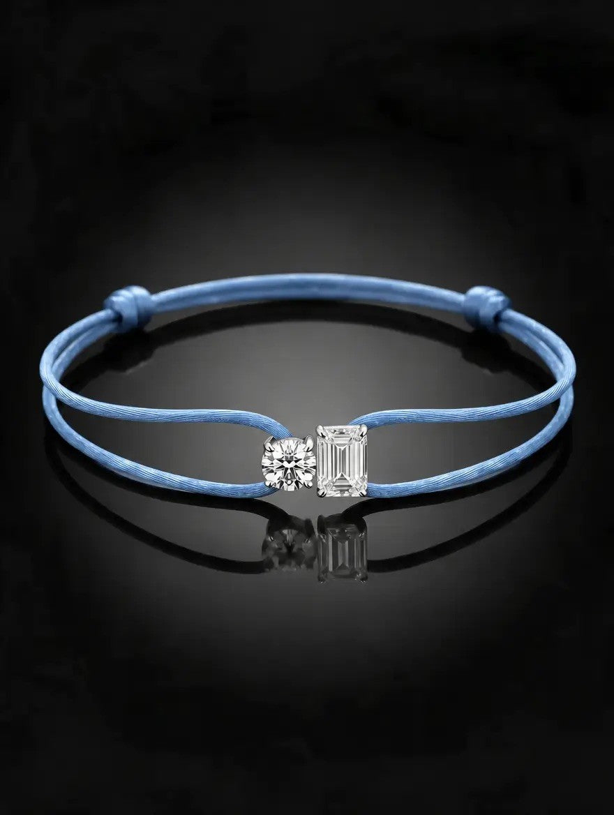 Diamond Satin Bracelet - Two Diamonds - Round & Emerald, Blue