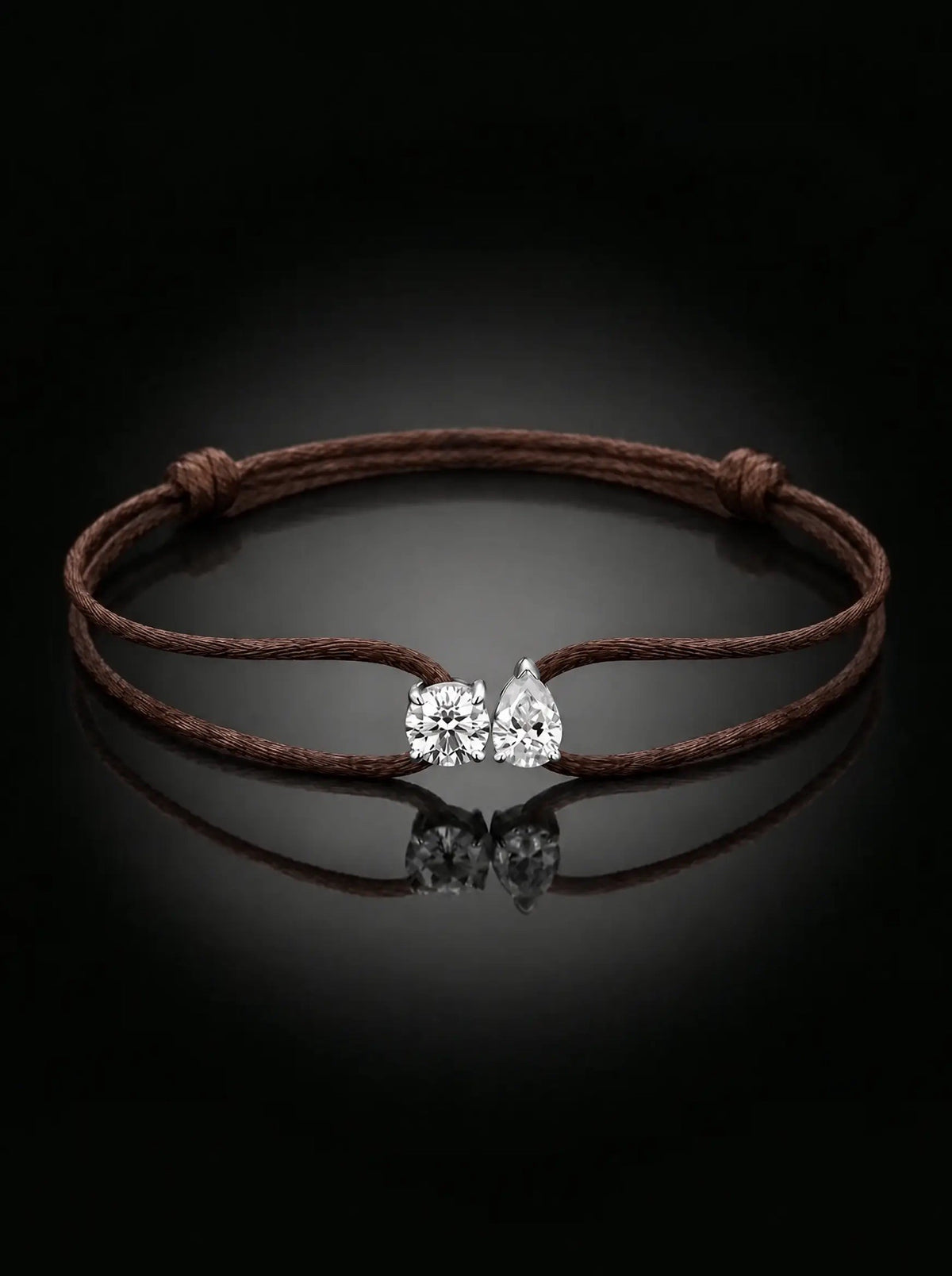 Diamond Satin Bracelet - Two Diamonds - Round & Pear, Brown
