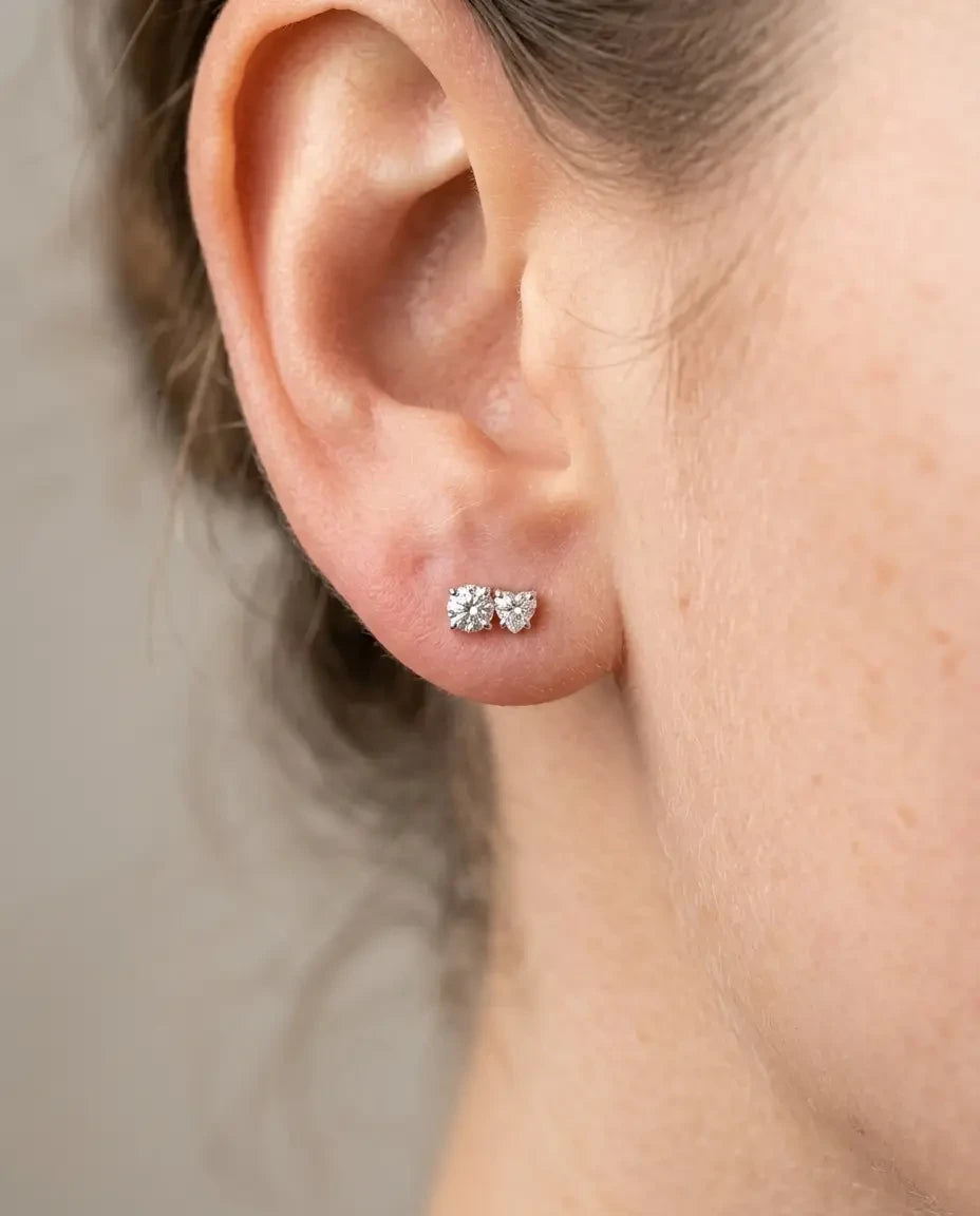 Diamond Studs - Two Diamonds - Round & Heart - 4