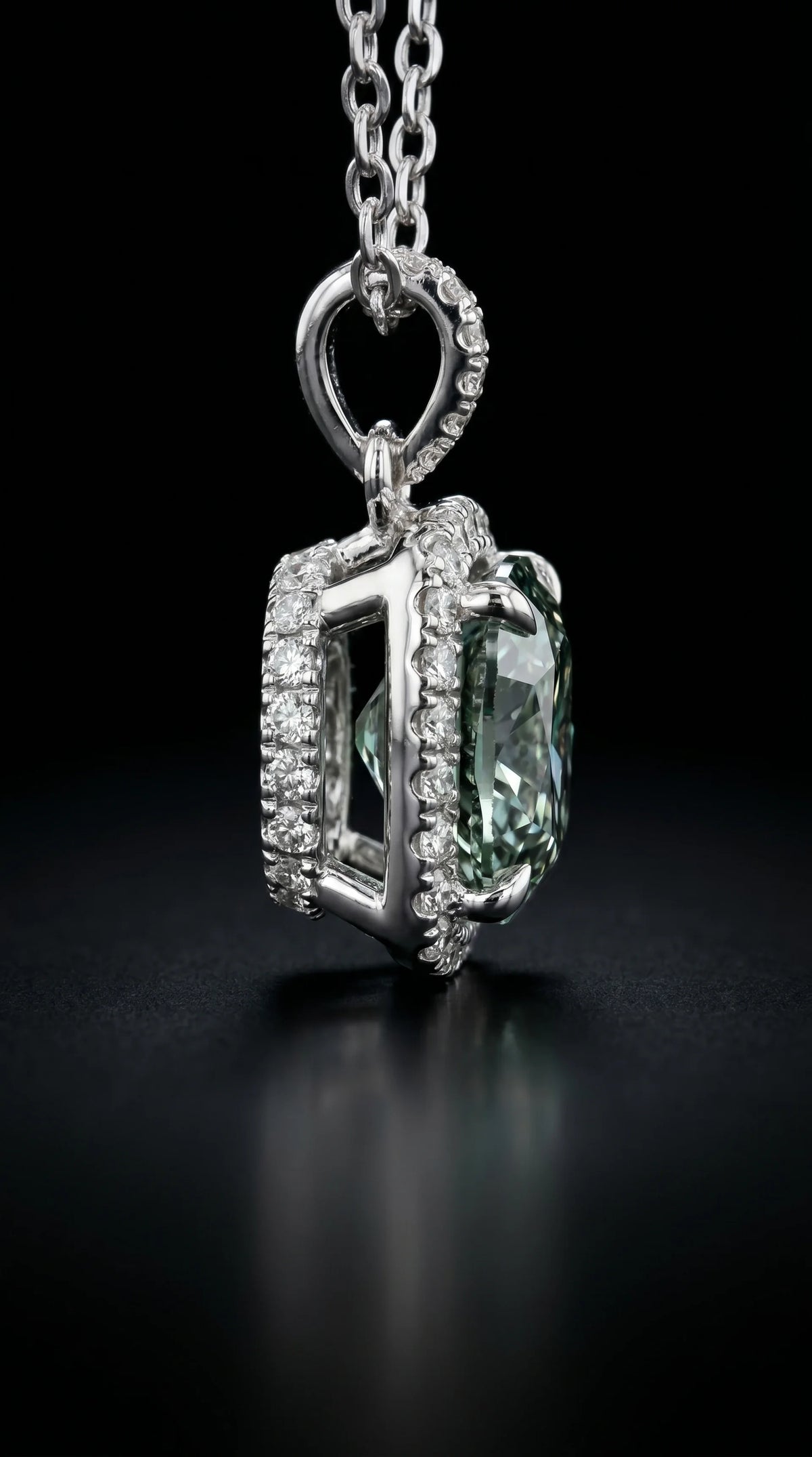 Green Diamond Cushion Necklace with Halo - 3