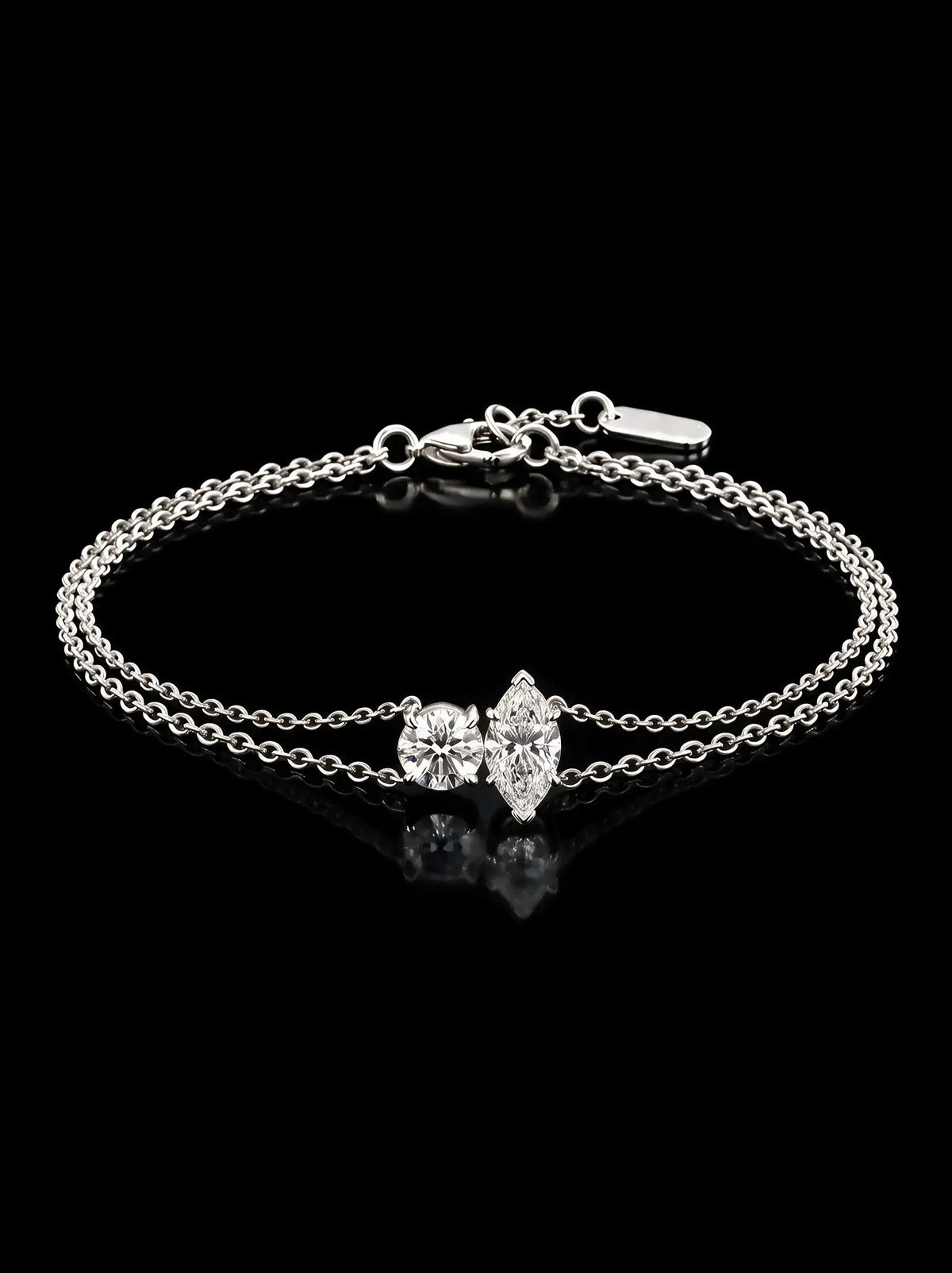 Diamond Bracelet - Two Diamonds - Round & Marquise, White Gold