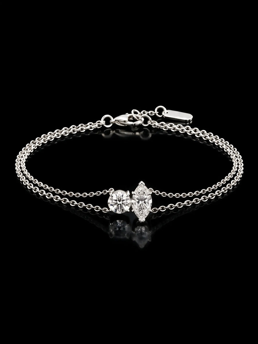 Diamond Bracelet - Two Diamonds - Round & Marquise, White Gold
